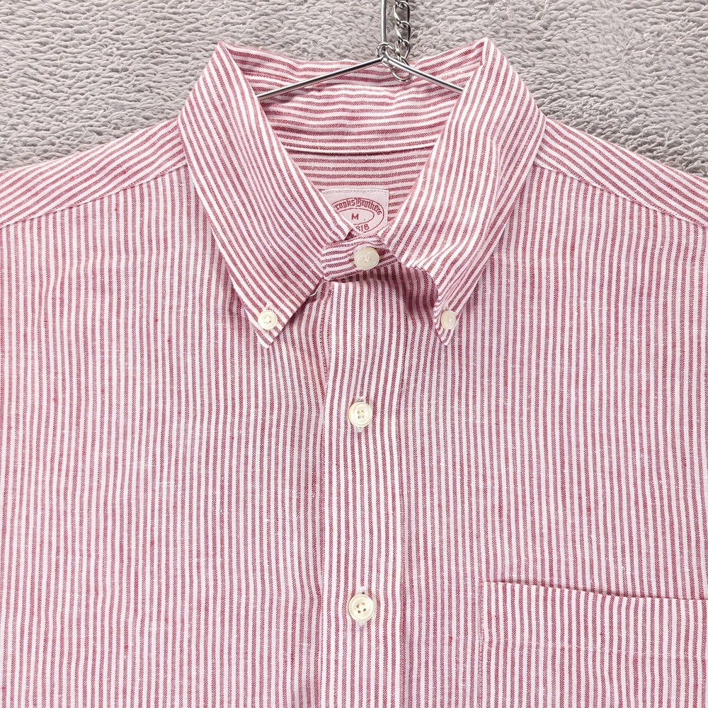 Brooks Brothers Shirt Mens M Red Stripe Long Sleeve Irish Linen Button Down